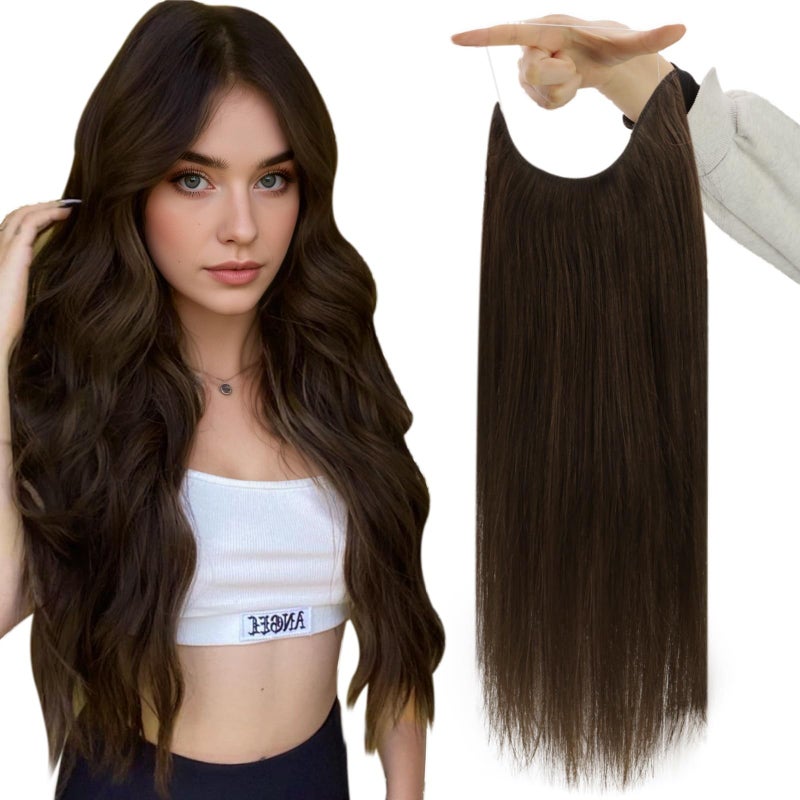 Fshine Invisible Wire Hair Extensions 16 Inch Dark Brown Wire Human Hair Extensions Layered Hairpiece with Adjustable Fish Line Clip in One Piece Straight Hair 86 G - Image 1